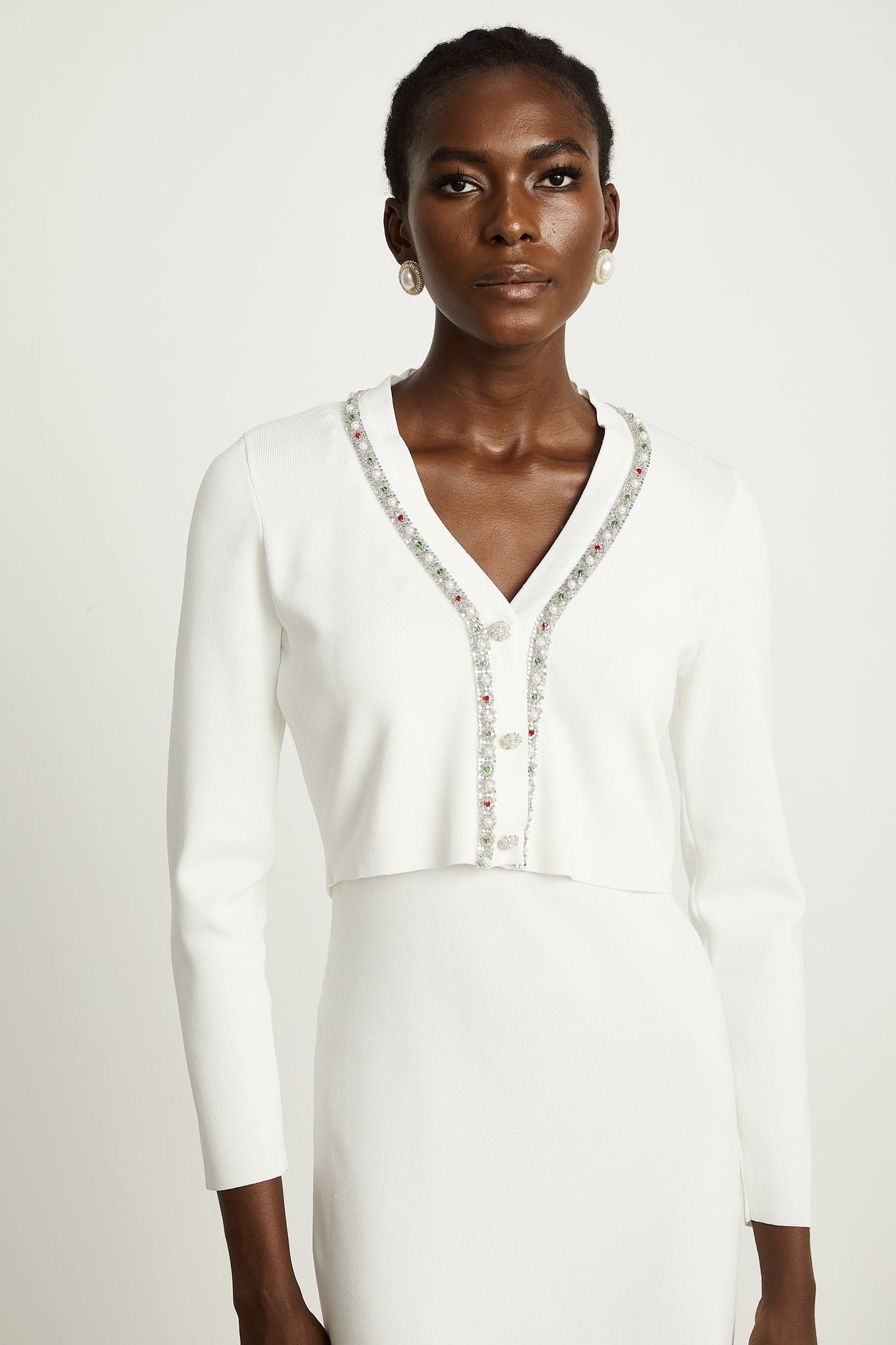 Blanche white beadembellished cardigan  dress matching set