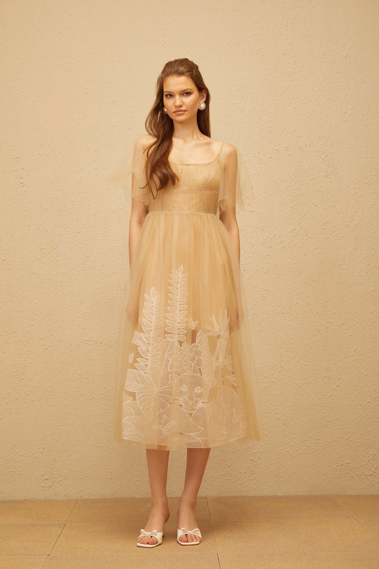 Blanka Neutral Pleated Jacquard Tulle Midi Dress