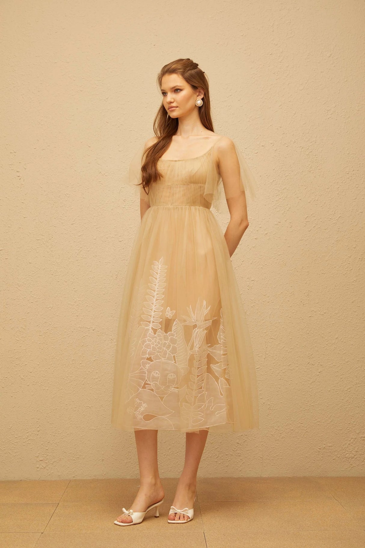 Blanka Neutral Pleated Jacquard Tulle Midi Dress