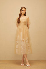 Blanka Neutral Pleated Jacquard Tulle Midi Dress