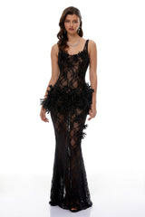 Bloem Black 3D Floral Applique Lace Maxi Dress