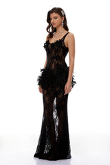 Bloem Black 3D Floral Applique Lace Maxi Dress