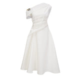 Blossom White One Shoulder Ruched Midi Dress