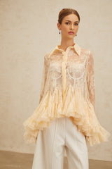 Blouse - Pointed Collar - Flared Sleeves - Semi - Sheer - Floral Lace - Ruffled Peplum Hem