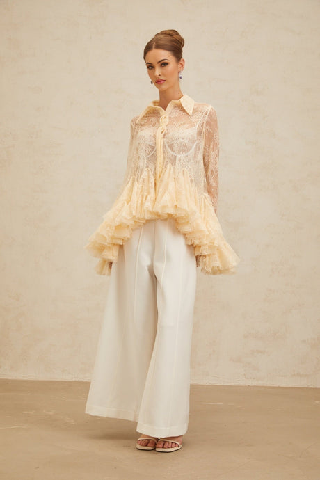 Blouse - Pointed Collar - Flared Sleeves - Semi - Sheer - Floral Lace - Ruffled Peplum Hem