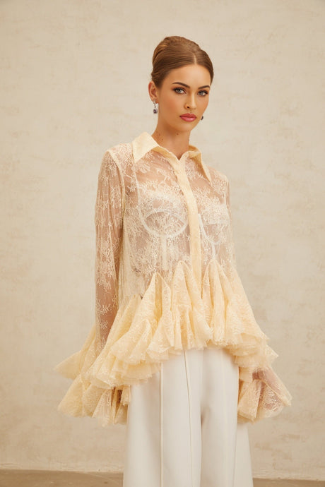 Blouse - Pointed Collar - Flared Sleeves - Semi - Sheer - Floral Lace - Ruffled Peplum Hem