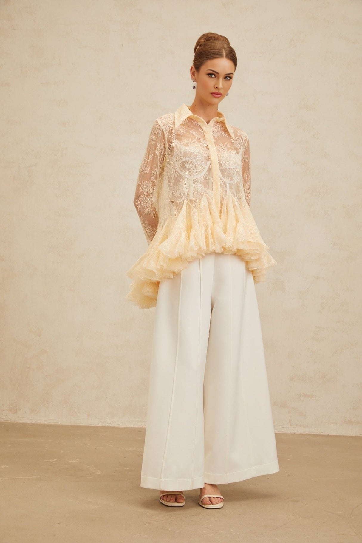 Blouse - Pointed Collar - Flared Sleeves - Semi - Sheer - Floral Lace - Ruffled Peplum Hem