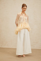 Blouse - Pointed Collar - Flared Sleeves - Semi - Sheer - Floral Lace - Ruffled Peplum Hem