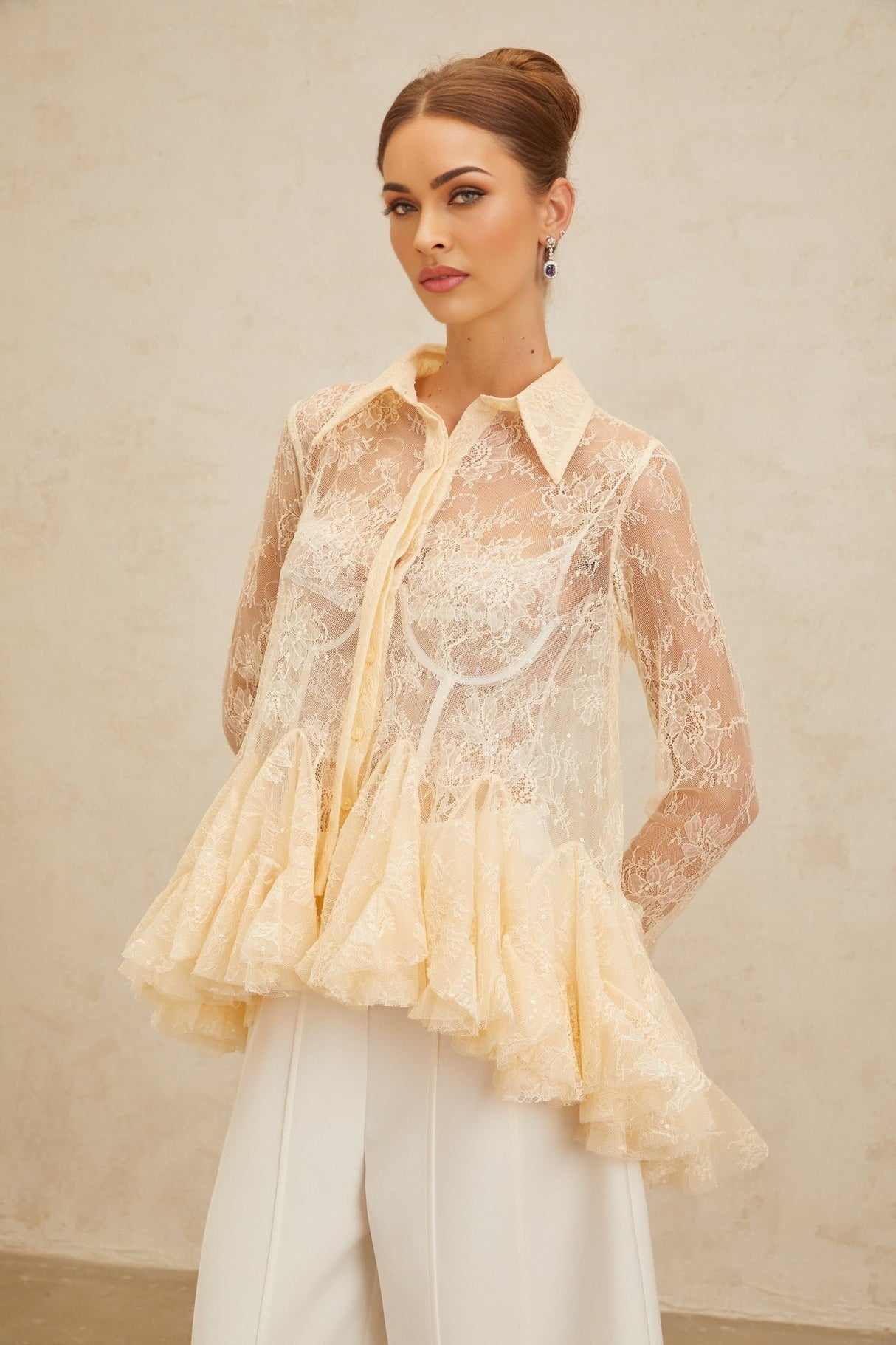Blouse - Pointed Collar - Flared Sleeves - Semi - Sheer - Floral Lace - Ruffled Peplum Hem