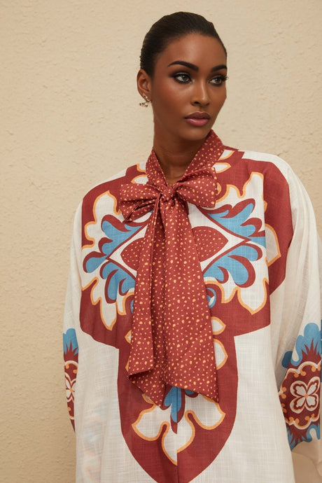 Blouse & Trousers Set - Graphic Print - Bow - Tied Neck - Wide Leg - Elasticated Cuffs - Ankle Length