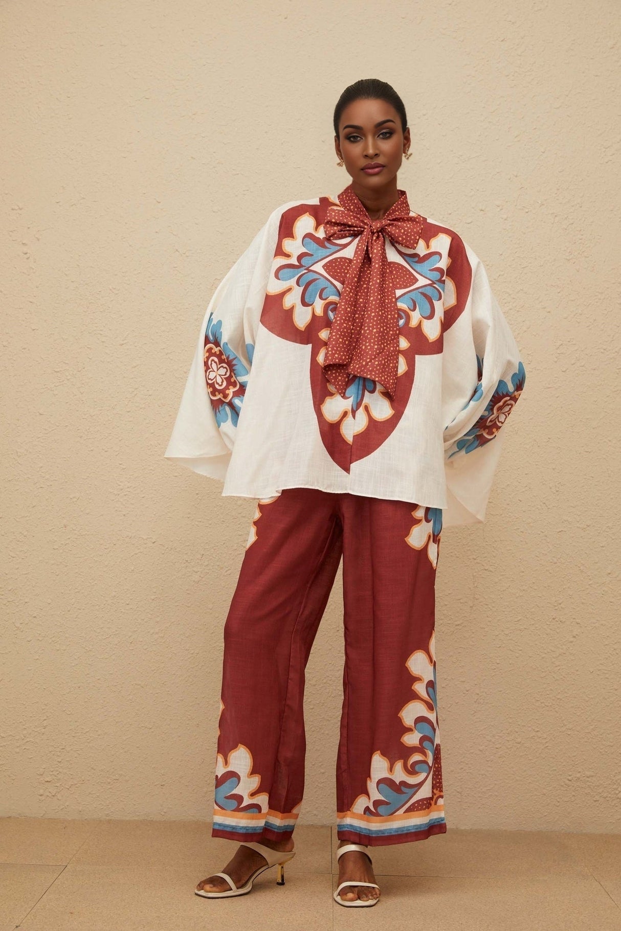 Blouse & Trousers Set - Graphic Print - Bow - Tied Neck - Wide Leg - Elasticated Cuffs - Ankle Length