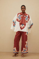 Blouse & Trousers Set - Graphic Print - Bow - Tied Neck - Wide Leg - Elasticated Cuffs - Ankle Length