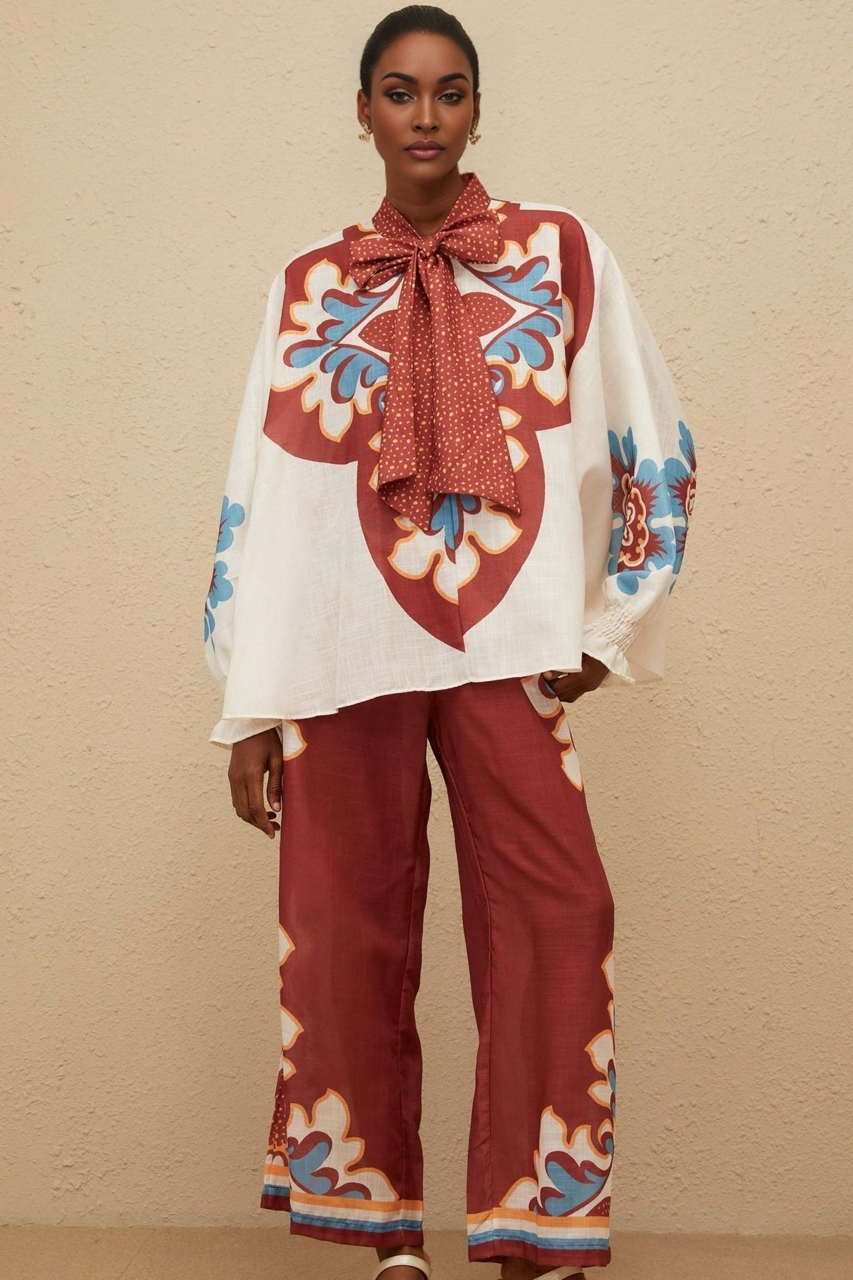 Blouse & Trousers Set - Graphic Print - Bow - Tied Neck - Wide Leg - Elasticated Cuffs - Ankle Length