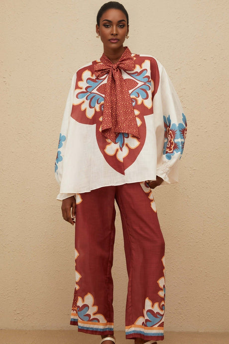 Blouse & Trousers Set - Graphic Print - Bow - Tied Neck - Wide Leg - Elasticated Cuffs - Ankle Length