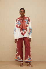 Blouse & Trousers Set - Graphic Print - Bow - Tied Neck - Wide Leg - Elasticated Cuffs - Ankle Length