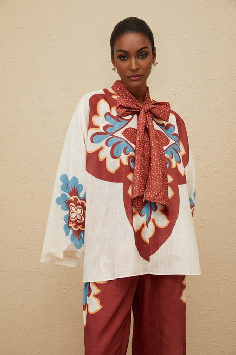 Blouse & Trousers Set - Graphic Print - Bow - Tied Neck - Wide Leg - Elasticated Cuffs - Ankle Length