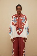 Blouse & Trousers Set - Graphic Print - Bow - Tied Neck - Wide Leg - Elasticated Cuffs - Ankle Length