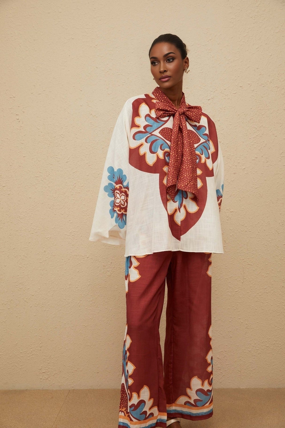 Blouse & Trousers Set - Graphic Print - Bow - Tied Neck - Wide Leg - Elasticated Cuffs - Ankle Length