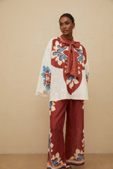 Blouse & Trousers Set - Graphic Print - Bow - Tied Neck - Wide Leg - Elasticated Cuffs - Ankle Length