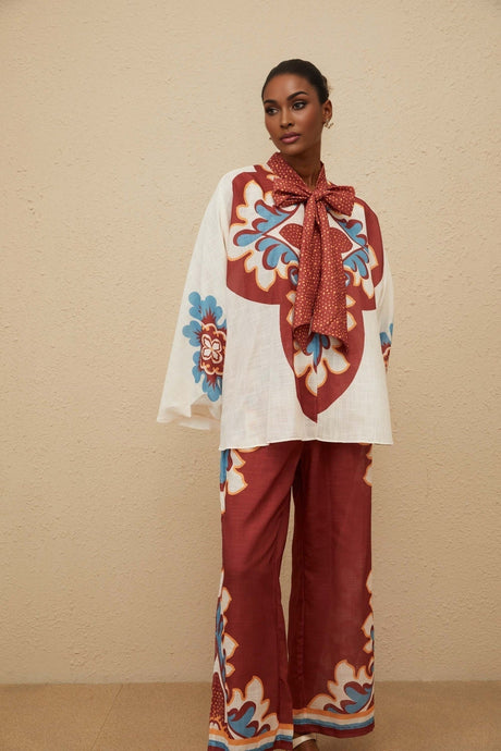 Blouse & Trousers Set - Graphic Print - Bow - Tied Neck - Wide Leg - Elasticated Cuffs - Ankle Length