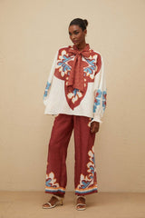 Blouse & Trousers Set - Graphic Print - Bow - Tied Neck - Wide Leg - Elasticated Cuffs - Ankle Length