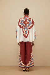 Blouse & Trousers Set - Graphic Print - Bow - Tied Neck - Wide Leg - Elasticated Cuffs - Ankle Length