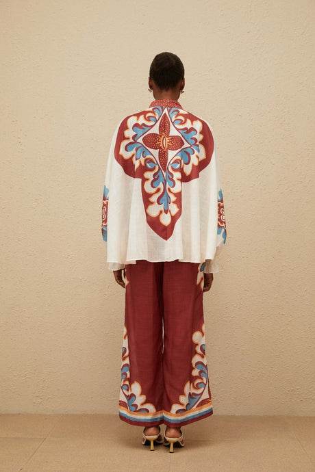 Blouse & Trousers Set - Graphic Print - Bow - Tied Neck - Wide Leg - Elasticated Cuffs - Ankle Length