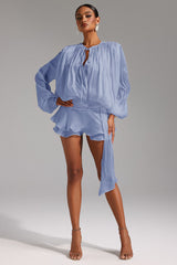Blue Dekia Long Sleeves Hollow Out Flounce Mini Dress