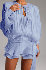 Blue Dekia Long Sleeves Hollow Out Flounce Mini Dress
