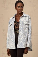 Blue denim jacket with sequined floral appliques named Blanche