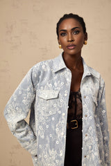 Blue denim jacket with sequined floral appliques named Blanche