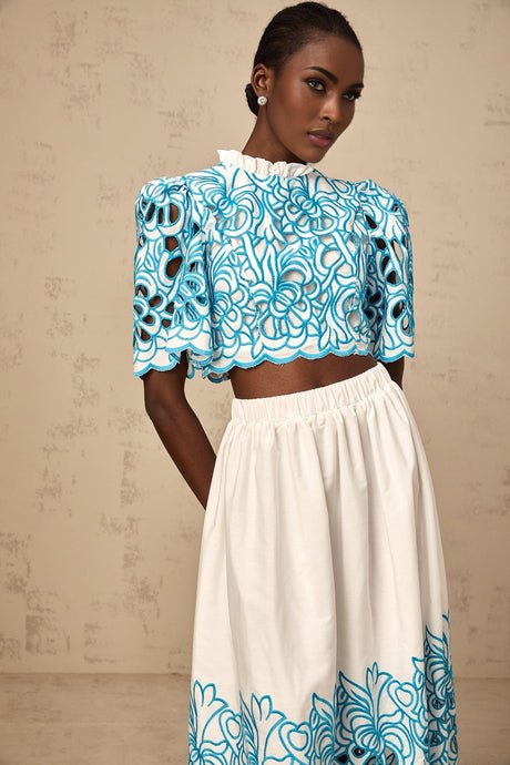 Blue embroidered matching top and skirt set with cut out details