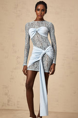 Blue floral lace mini dress with fitted silhouette and lace paneling details by Anouk