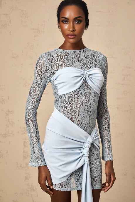 Blue floral mini dress with lace panels and fitted silhouette by Anouk