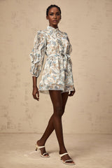 Blue floral print jumpsuit with lace trim and ruffles called Eugenie