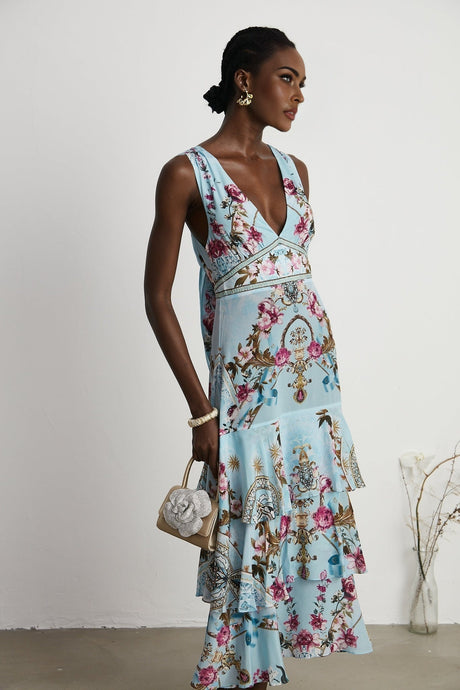 Blue floral print midi dress with short sleeves and a round neckline