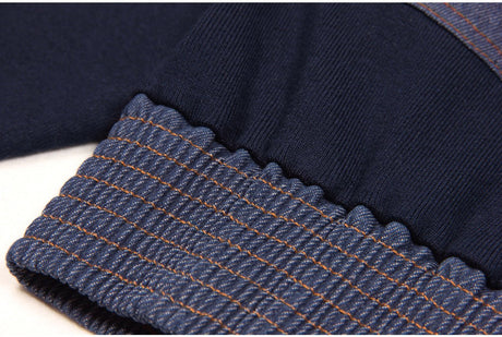Blue Knit and Denim Zip-Up Jacket with Buttoned Pockets and Ribbed Cuffs