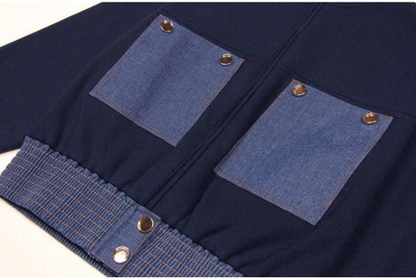 Blue Knit and Denim Zip-Up Jacket with Buttoned Pockets and Ribbed Cuffs