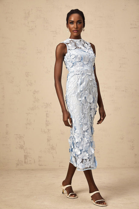 Blue midi dress with floral appliques by Herta