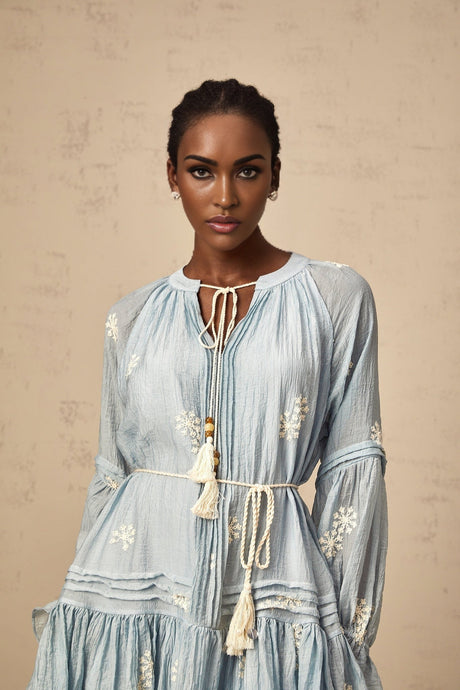 Blue mini dress with floral embroidery detailing