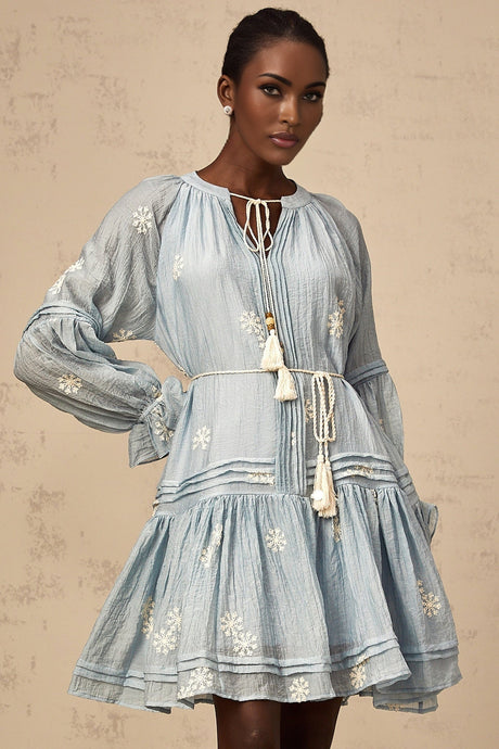 Blue mini dress with floral embroidery details and feminine design