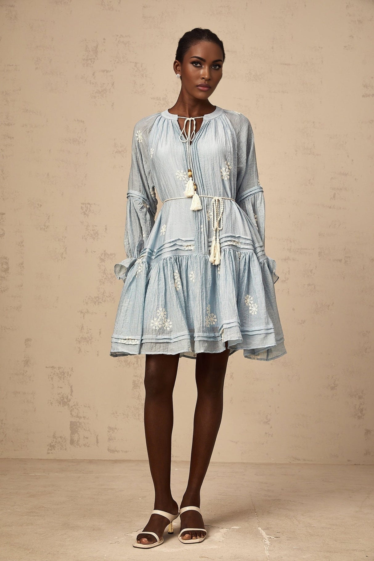 Blue mini dress with floral embroidery details