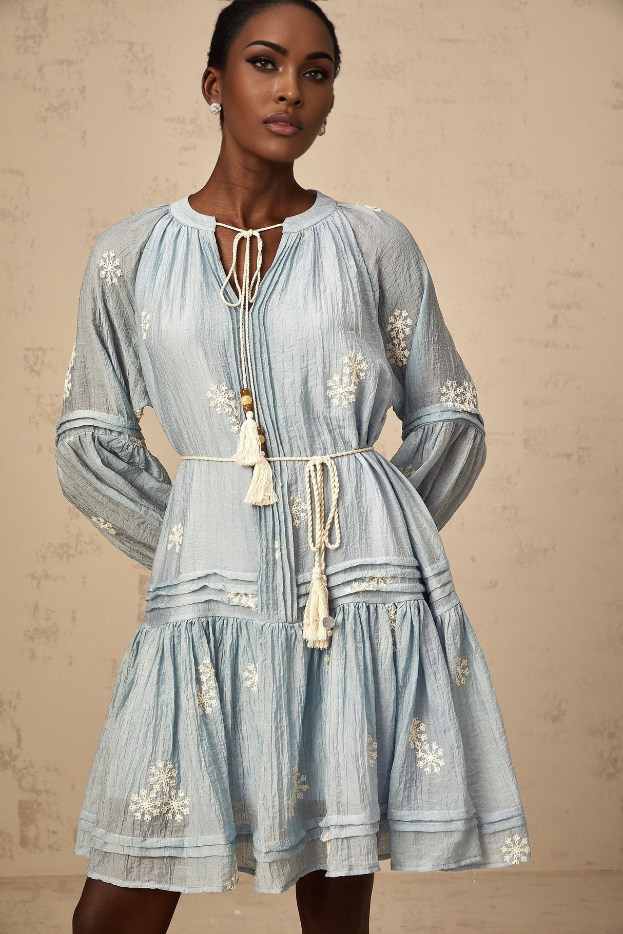 Blue mini dress with floral embroidery details