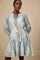 Blue mini dress with floral embroidery details
