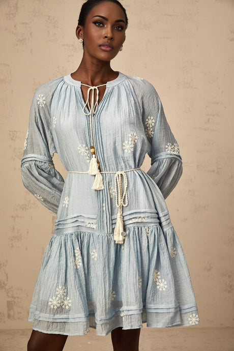 Blue mini dress with floral embroidery details