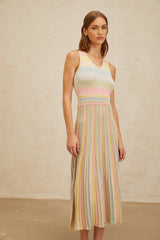 Blue and Multicolor Sleeveless Knitted Dress with V-Neck and Pleated Detailing