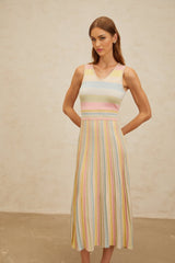 Blue and Multicolor Sleeveless Knitted Midi Dress with V-neck and Pleated Detailing