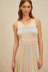 Blue and Multicolor Striped Knitted Sleeveless Dress with V-Neck and Fitted Waistline