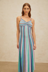 Blue and Multicolor Striped Knitted Sleeveless Midi Dress with Metallic Threading and Pleated Detailing