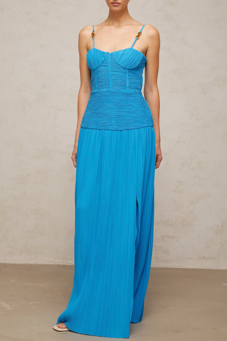 Blue pleated maxi dress with side slit named Felicie